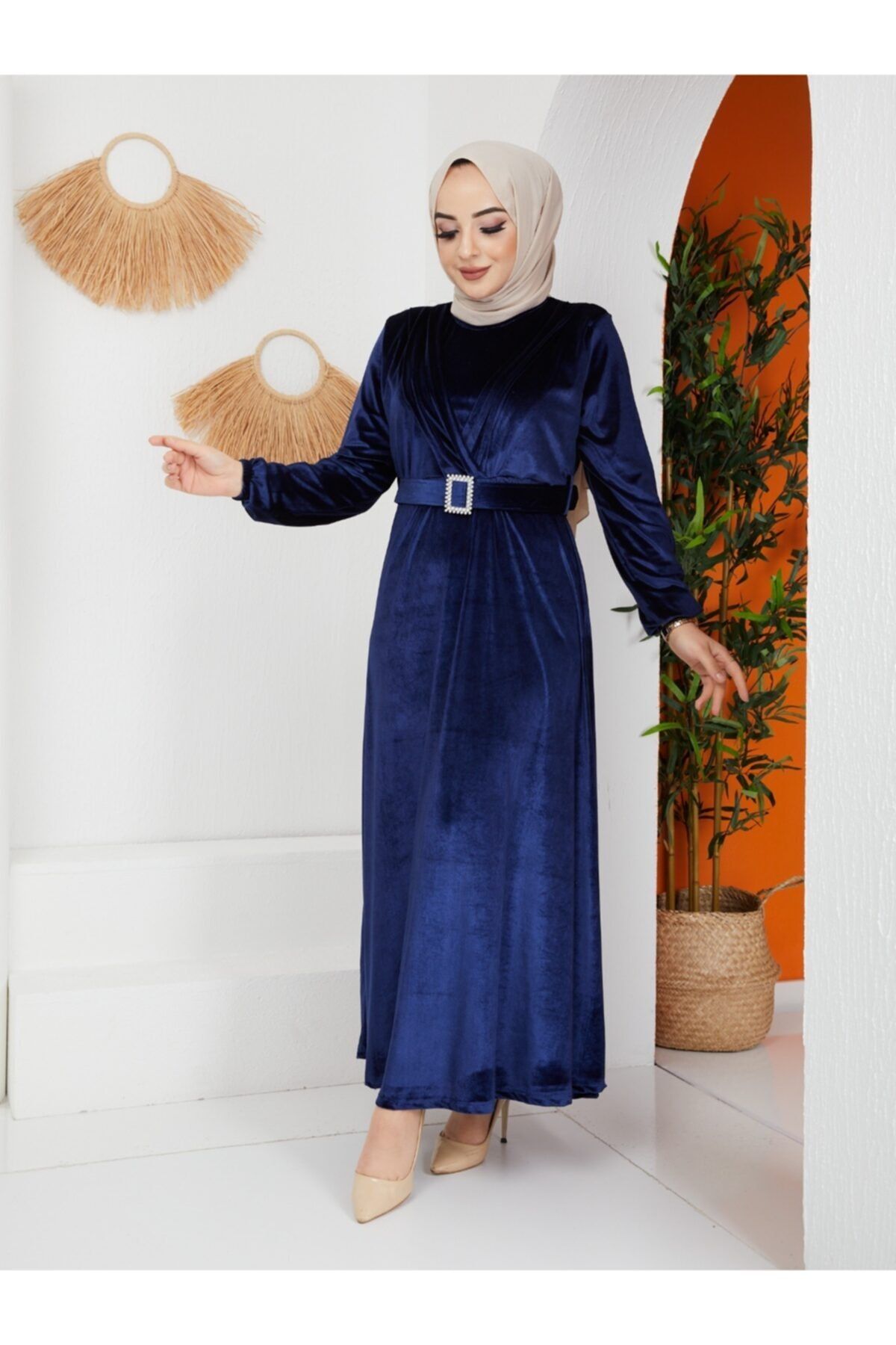ECK MODA Kadın Beli Kemer Detaylı Kadife Elbise