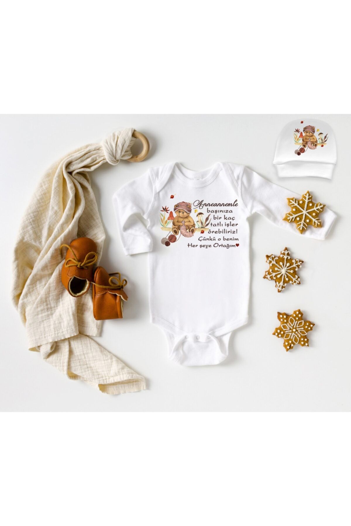 Niles Baby Shop Anneannemle Başınıza Tatlı Işler Organik Yazılı Uzun Kollu Bebek Body Zıbın - Bere Takım