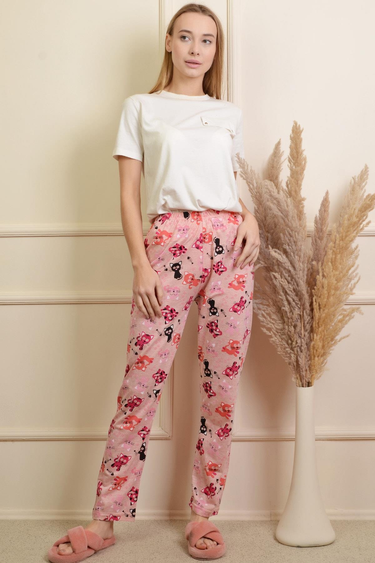 PİNKMARK Pınkmark Kadın Pudra Kedi Baskılı Lastikli Pijama Altı Pmpt25427