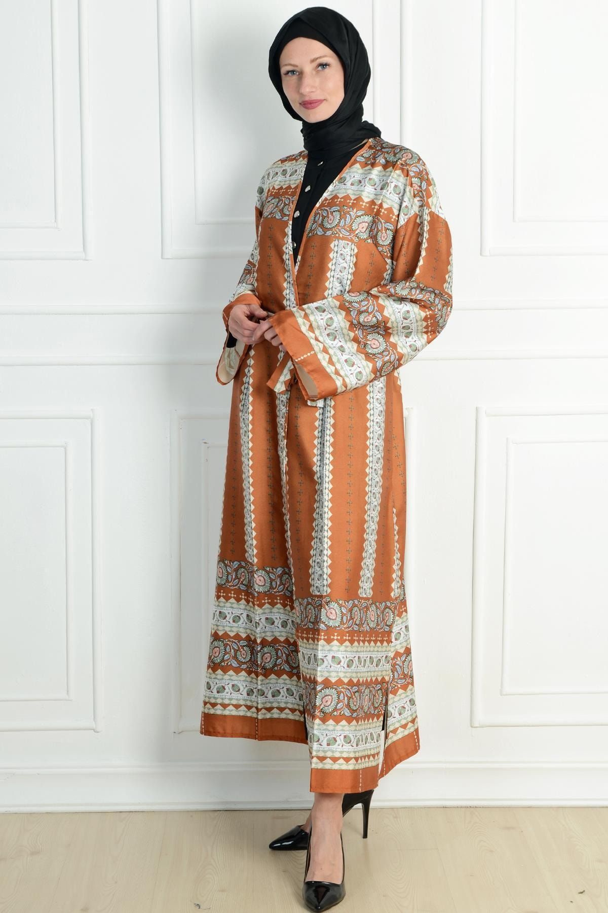 PİNKMARK Pınkmark Kadın Kiremit Etnik Desenli Kemerli Tesettür Kimono Pmck25413