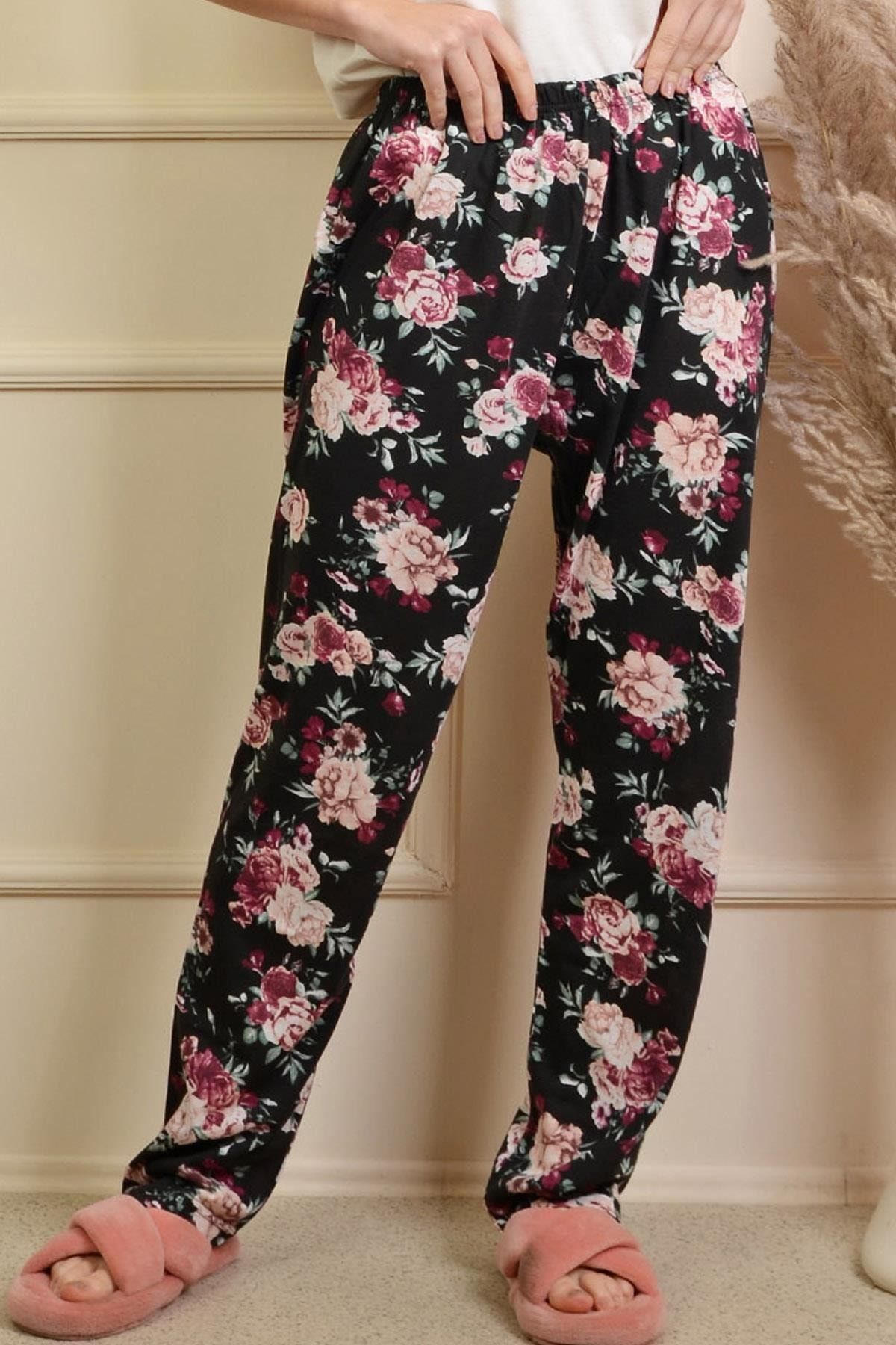 PİNKMARK Pınkmark Kadın Siyah Çiçek Baskılı Lastikli Büyük Beden Pijama Altı Pmpt25449