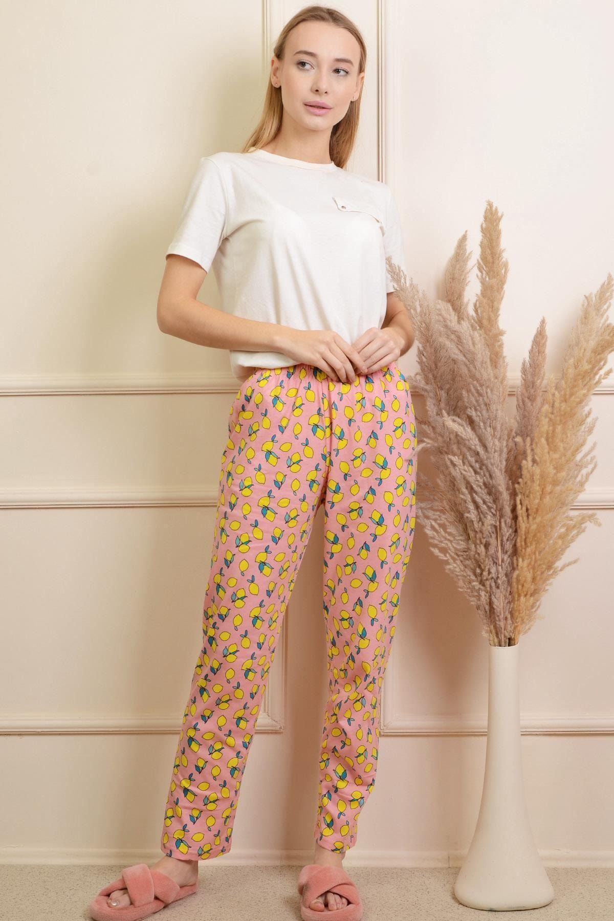 PİNKMARK Pınkmark Kadın Pudra Limon Baskılı Lastikli Pijama Altı Pmpt25428