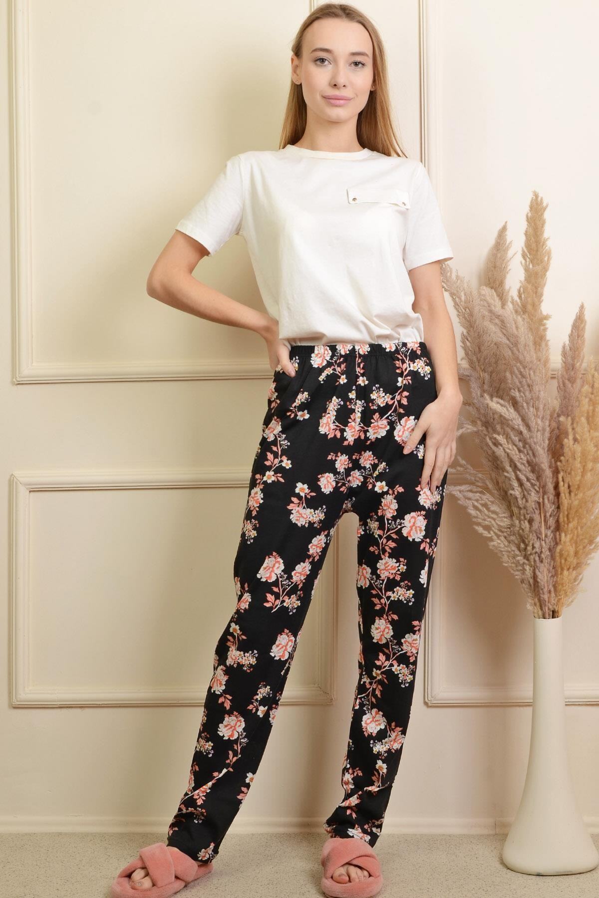 PİNKMARK Kadın Siyah Çiçekli Baskılı Lastikli Pijama Altı Pmpt25426