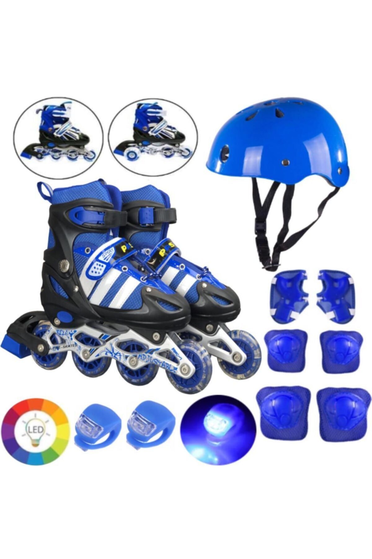 Depomiks Avm Mavi Işıklı Teker Ayarlanabilir Çocuk Alıştırma Paten 2 Fonksiyon Çakarlı Kask Dizlik Set