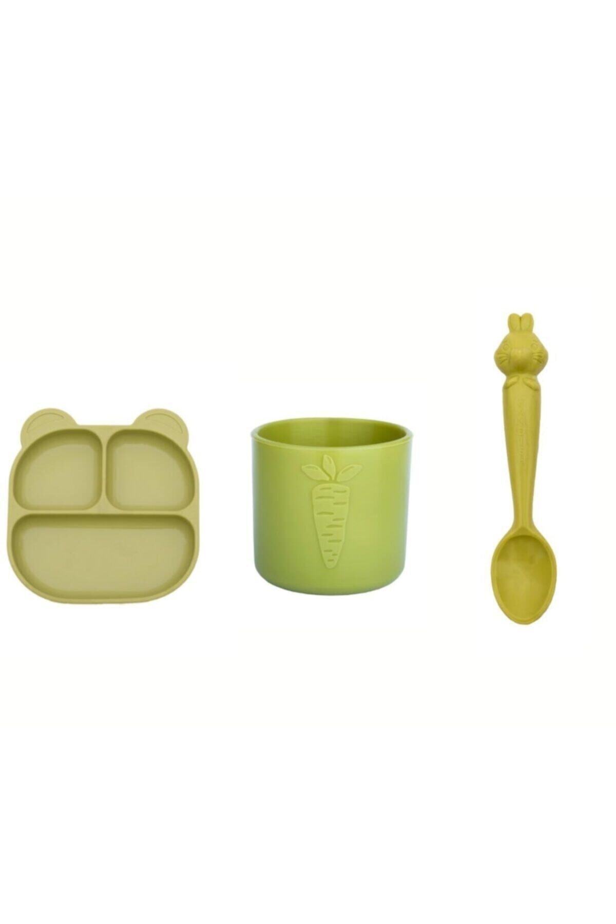 pandish Yeşil Beslenme Ve Mama Seti - Vakum Tabanlı Silikon Tabak + Silikon Kaşık Ve Bardak