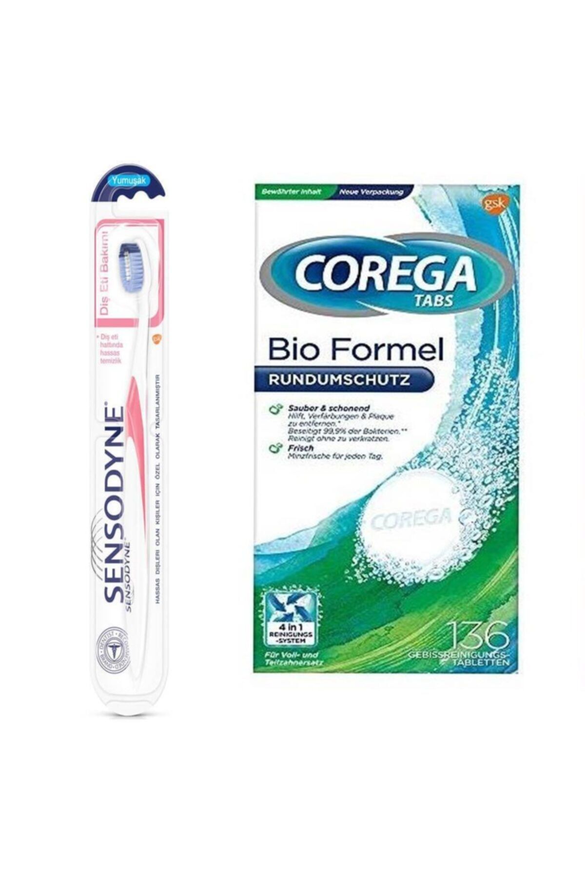 Sensodyne Corega Diş Protezi Temizleyici 136 Tablet + Diş Fırçası Hediyeli