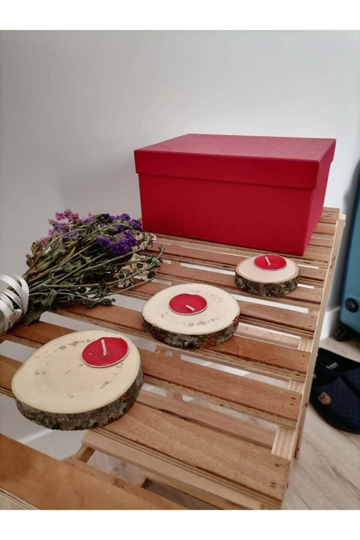HM Ahşap Home Ahşap Ağaç Kütük Tealight Oval Yandan Delikli Mumluk 3 Adet
