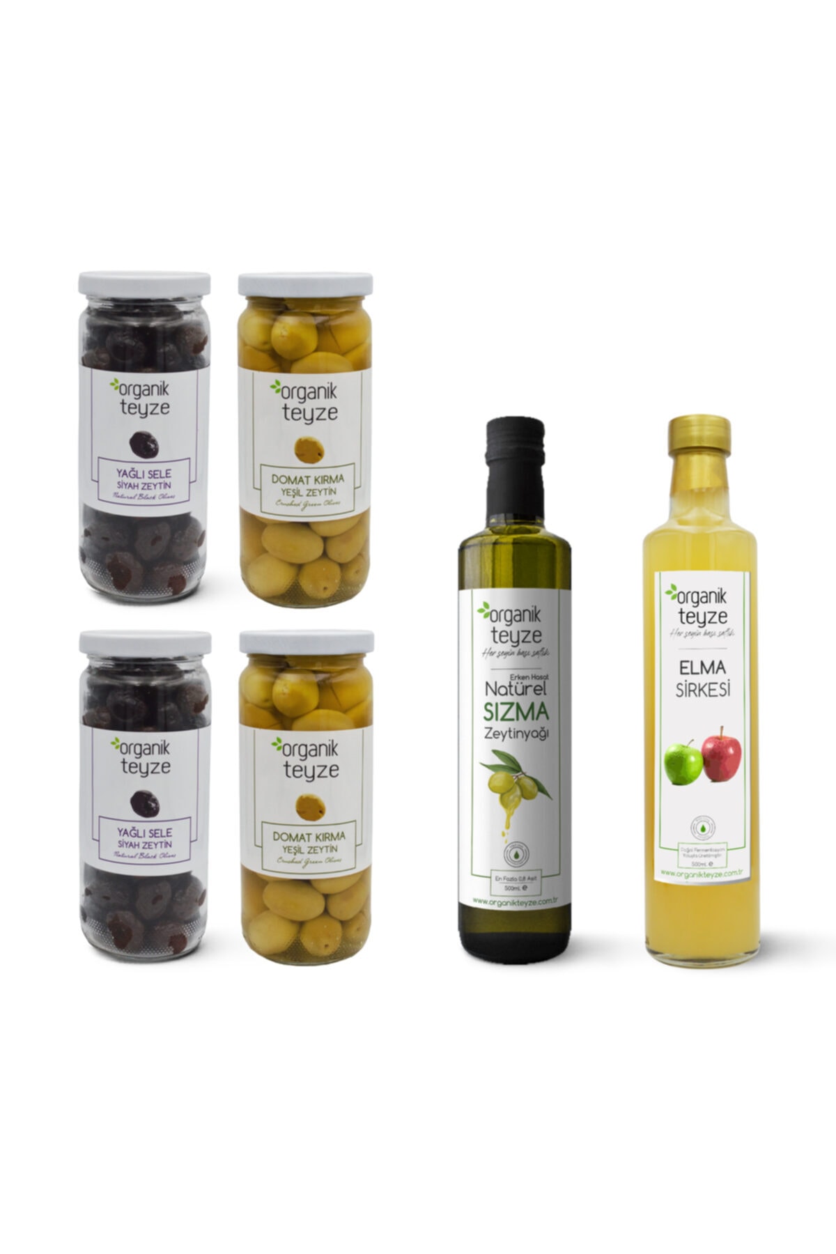 Organik Teyze Erken Hasat Sızma Zeytinyağı Ve Elma Sirkesi 500 Ml, Siyah Ve Yeşil Zeytin 300 G X 2