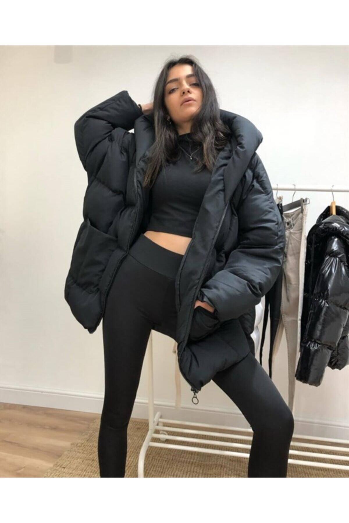 Modayıldızlar Siyah Kapüşonlu Oversize Şişme Mont