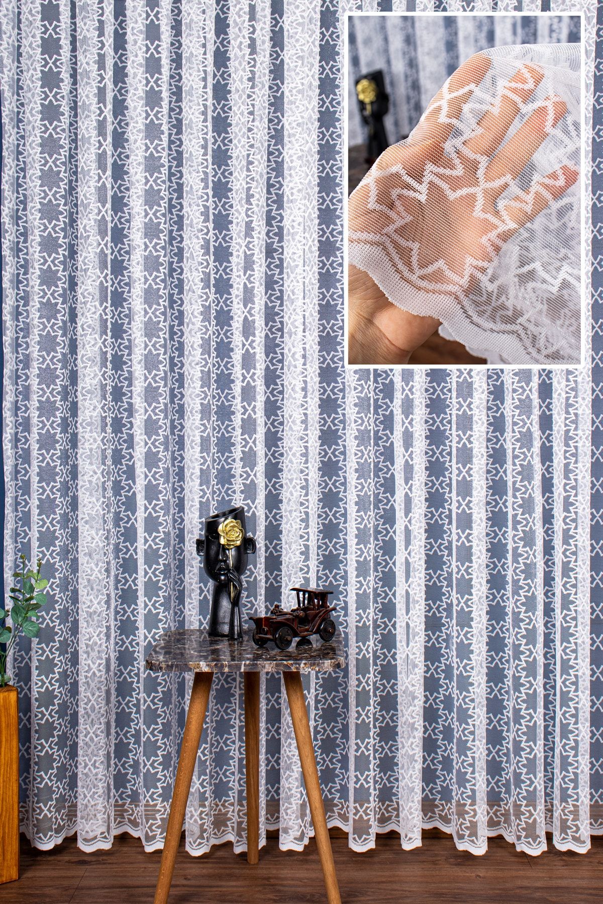 elision home Yıldızlı Desen Örme Tül Perde, 300x250cm, Seyrek Pile 1/2, Elısıon01301