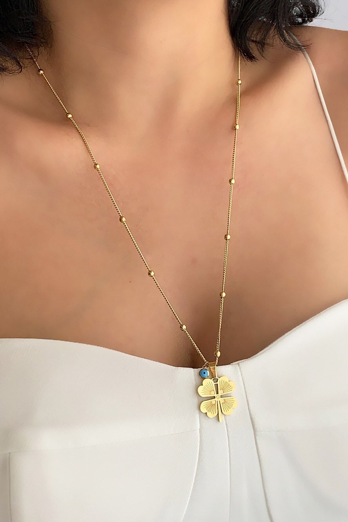 Çlk Accessories Çelik Topçuk Zincir Nazar Boncuklu Yonca Çelik Kolye Trkolye5830 B36503