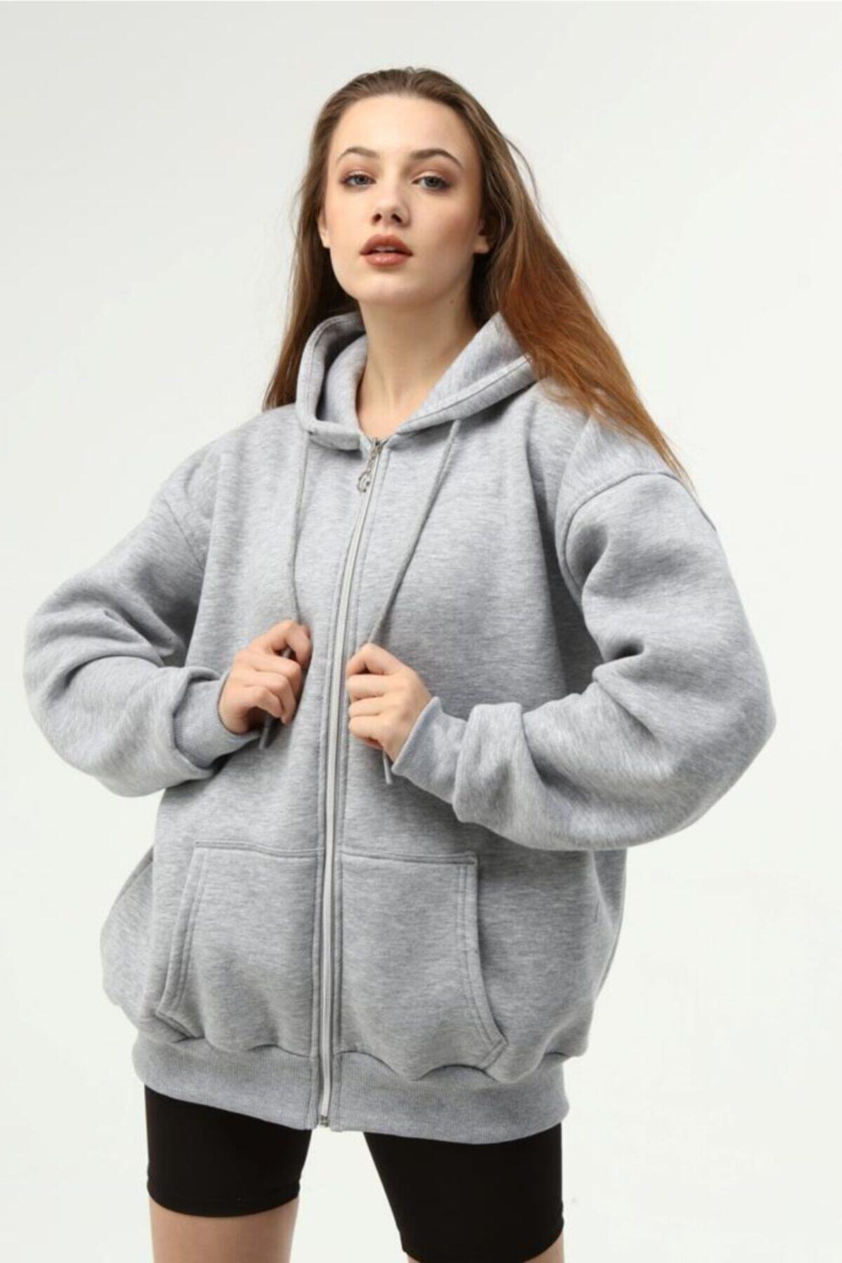 MetStore Gri Kapüşonlu Fermuarlı Oversize Şardonlu Örme Sweatshirt