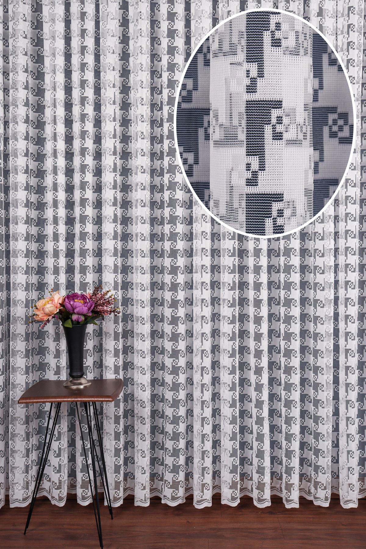 elision home Yeni Geometri Desen Örme Tül Perde, 300x250cm, 1/2 Seyrek Pile, Elısıon01401