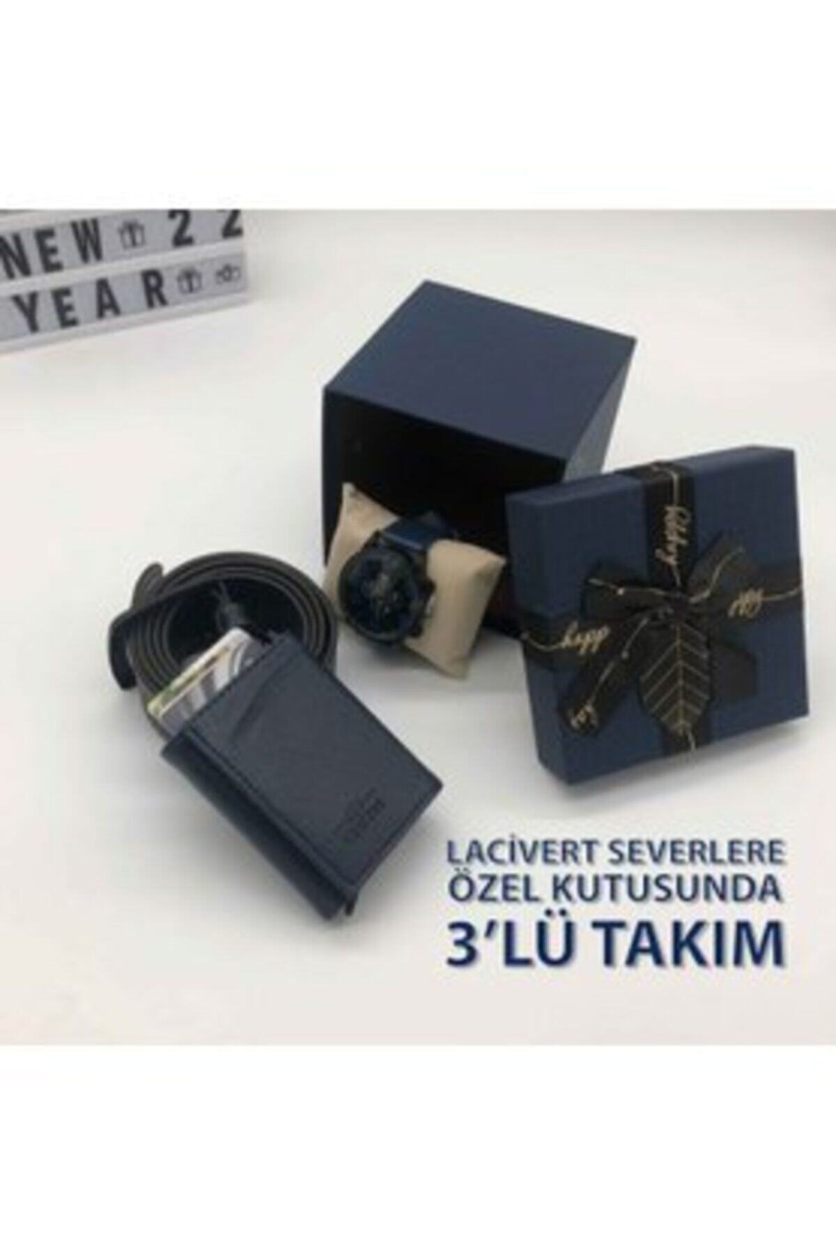 KENTBAZAAR Lacivert Sevenlere Kartlık Cüzdan Kemer Saat Takımı Yılbaşı Seti
