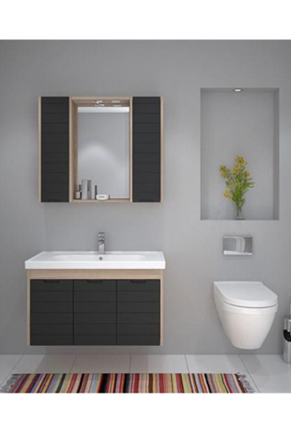 DENKO Mostar 90 cm Banyo Dolabı Takımı Ve Boy Dolabı Siyah
