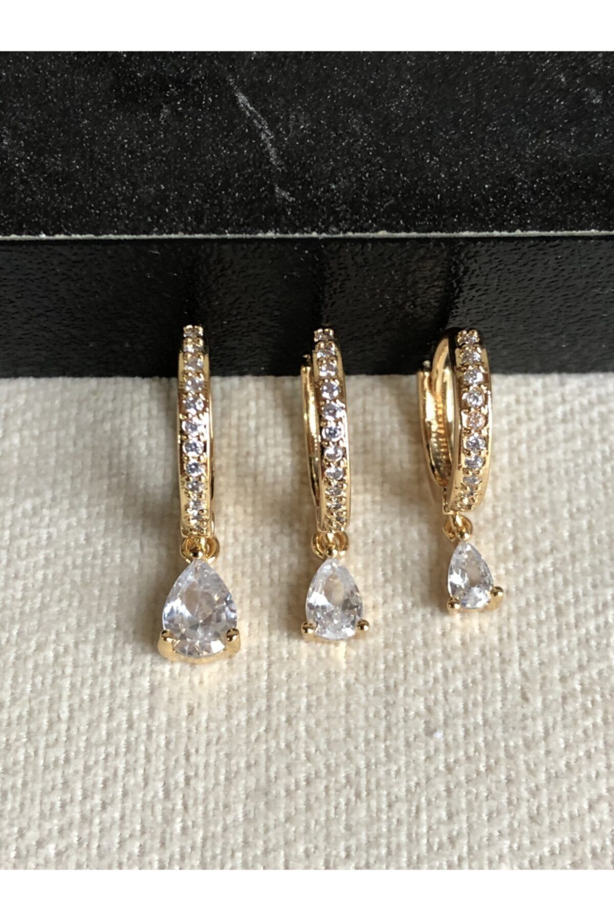 Di Amore Accessorise Kadın Gold Tek Taş Damla Model Zirkon Taşlı Üçlü Küpe Seti