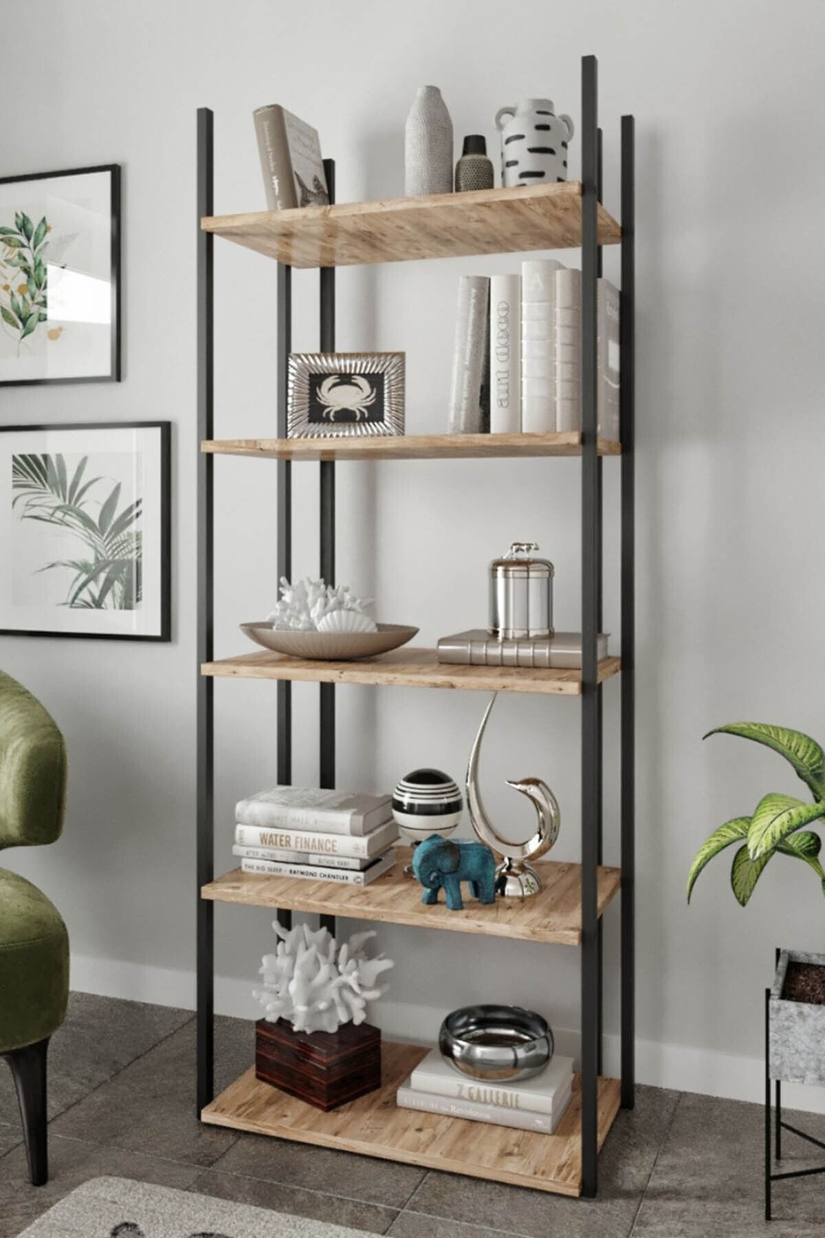 Else Halı Else Kahve Siyah 5 Bölmeli Modern Ahşap Mdf Kitaplık Çok Amaçlı Dosya Kitap Ofis Salon Rafı