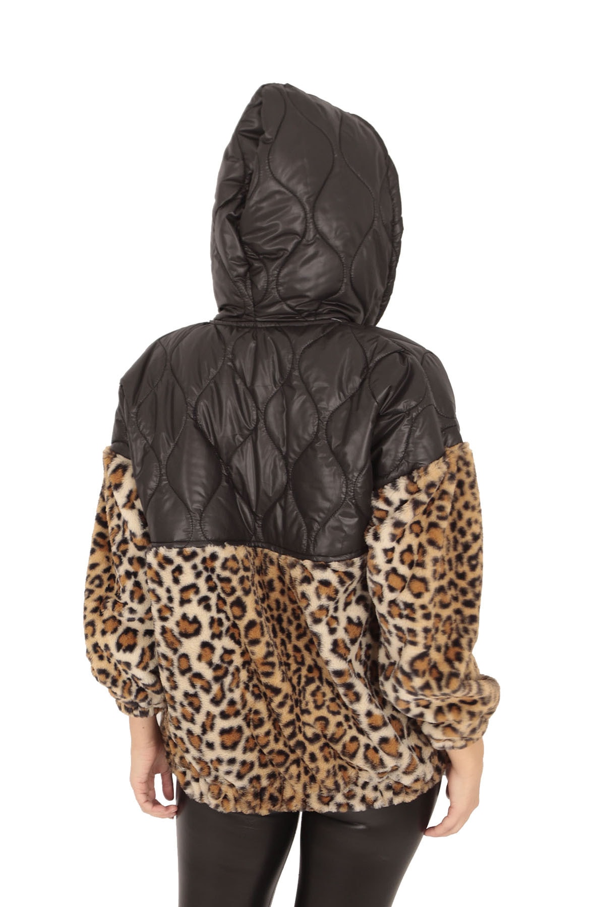 BUKETLİ Siyah Kapüşonlu Kapitone Leopar Peluş Mont