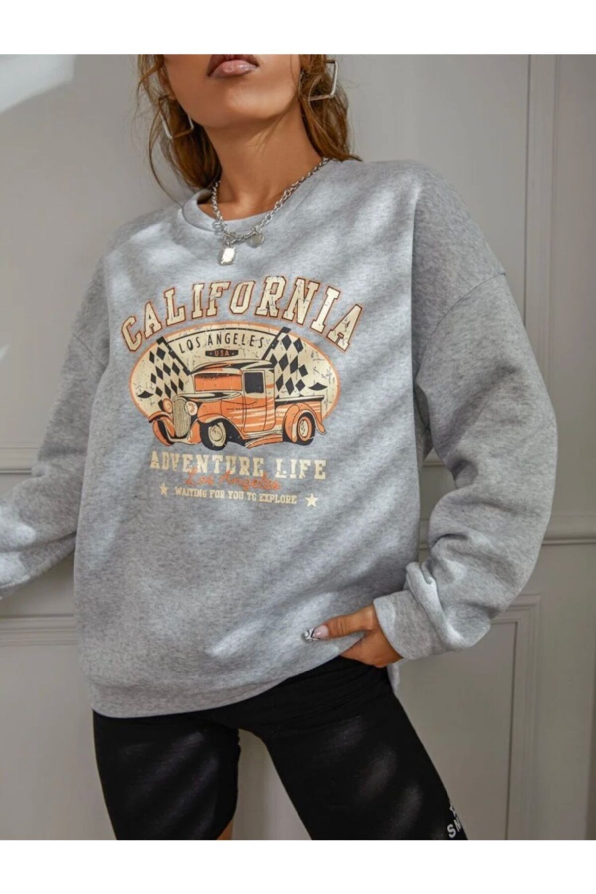 AFROGİYİM Oversize California Retro Gri Sweatshirt