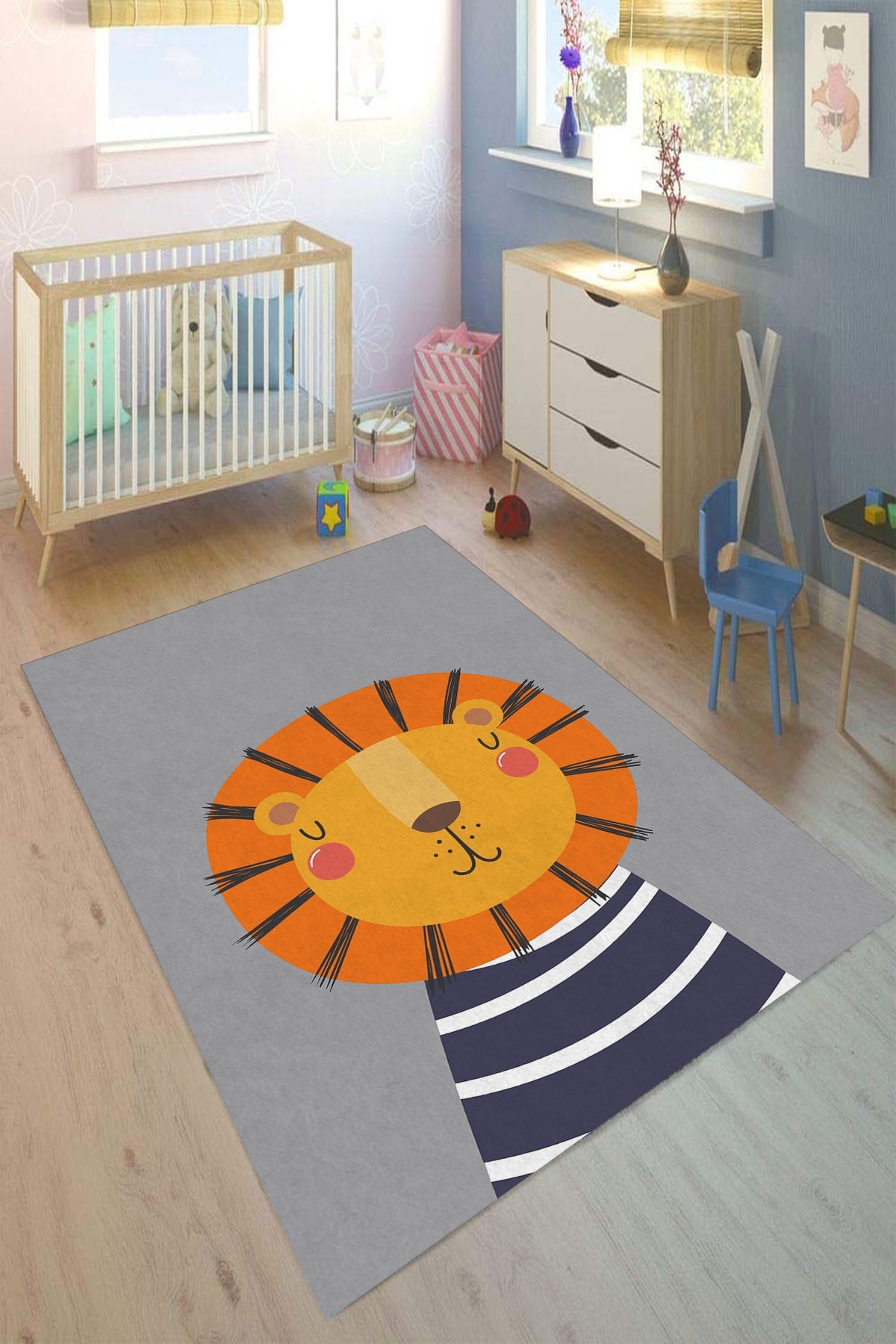 NUNO HOME Dijital Baskı Yıkanabilir Kaymaz Dod Taban Gri Aslan Desenli Çocuk Odası Halısı - 9009