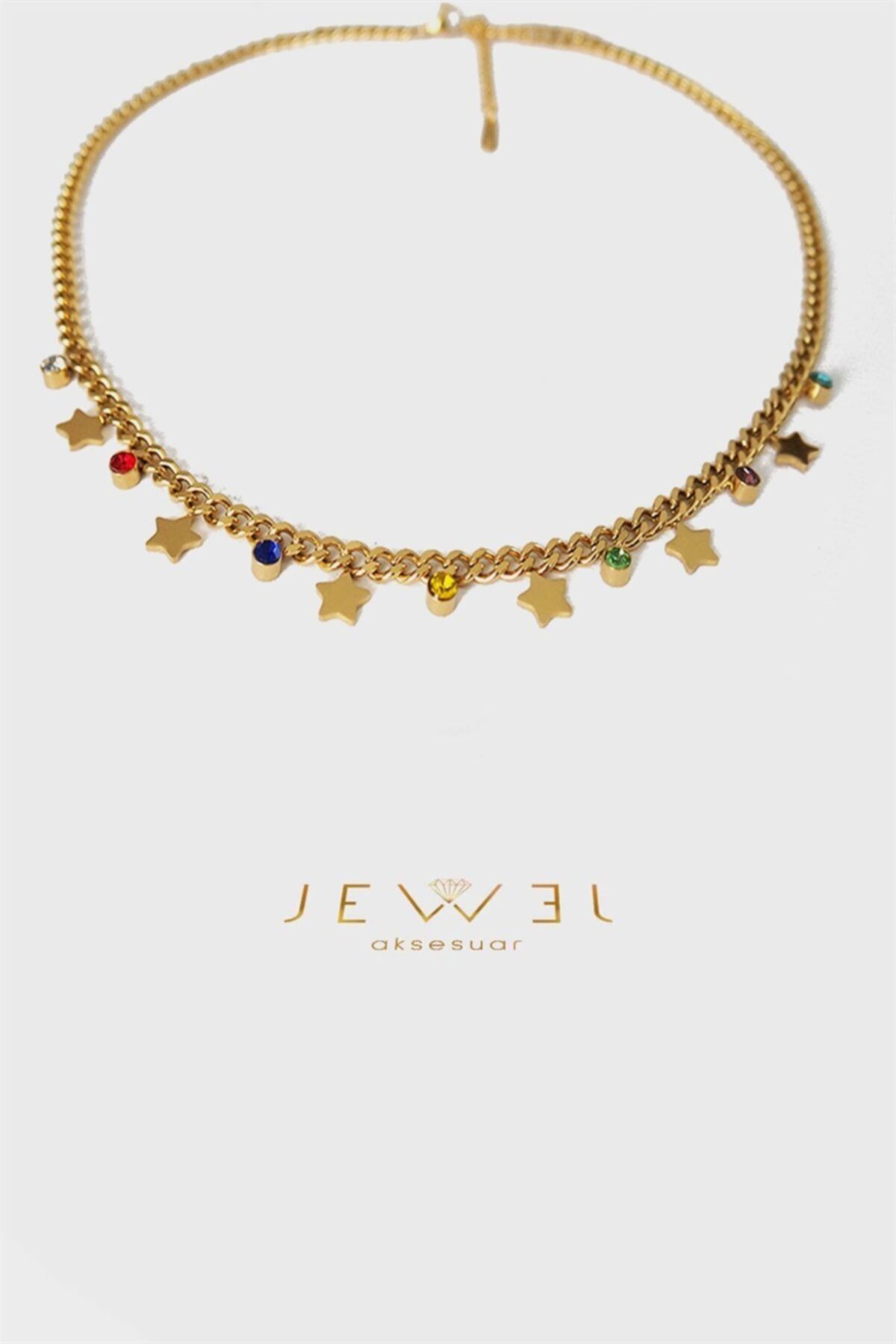 Jewel Renkli Taşlı Yıldız Gold Altın Kaplama Kolye