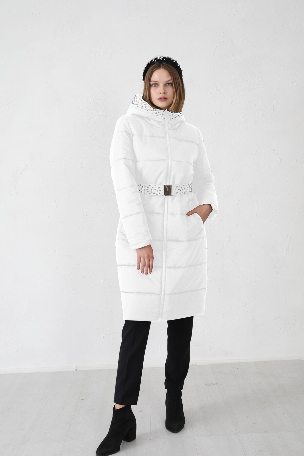 Moodbasic Taşlı Kemerli Kapüşonlu Mont Ekru