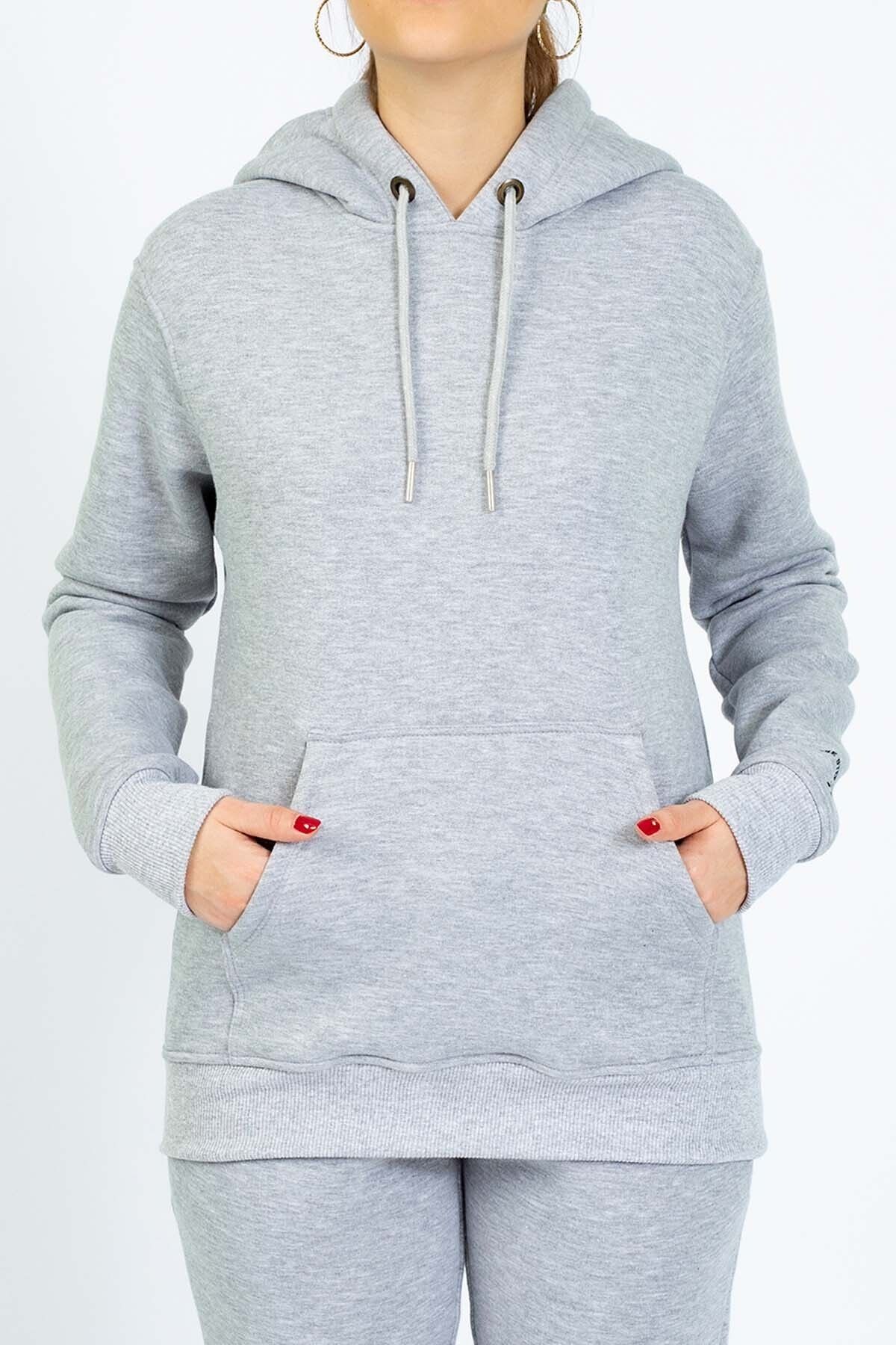 The Step Sports Kadın Melanj Gri Fit Kanguru Cepli Kapüşonlu Sweatshirt