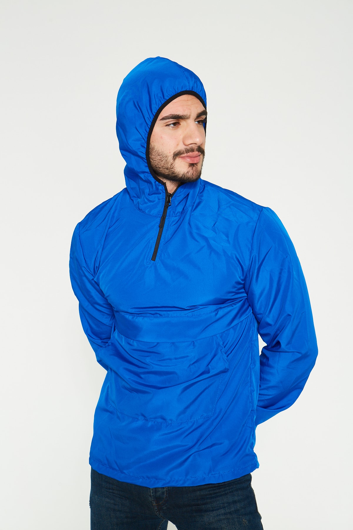 GİRGİNHOME Erkek Mavi İnce Kanguru Cep Yağmurluk