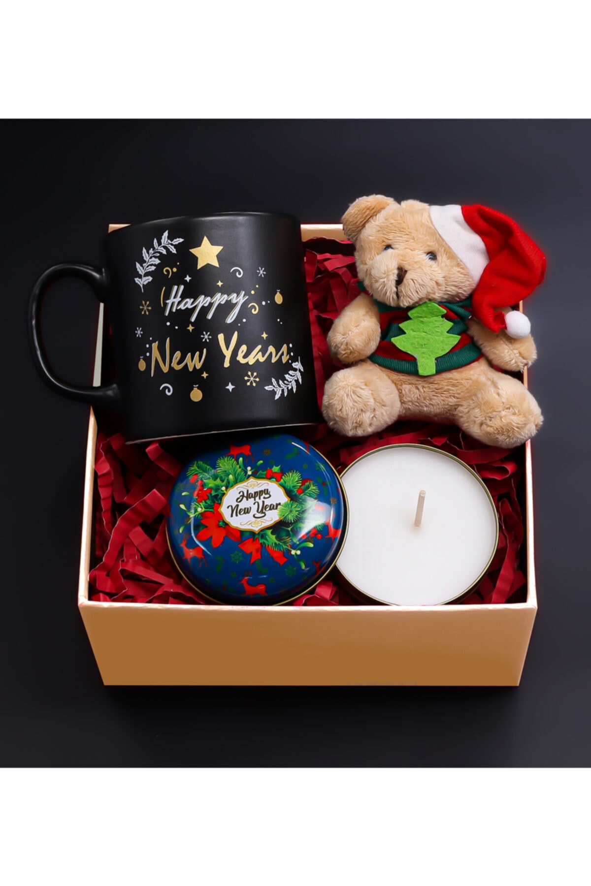 VegaHediye Happy New Years Kupa Yılbaşı Temalı Metal Kutulu Mum Yılbaşı Ayıcık Seti