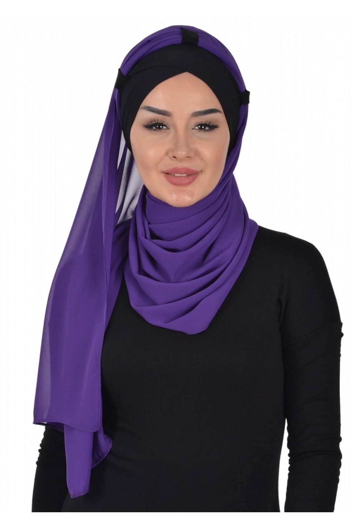 DREAM VEGA Penye Boneli Şifon Şal Siyah - Mor