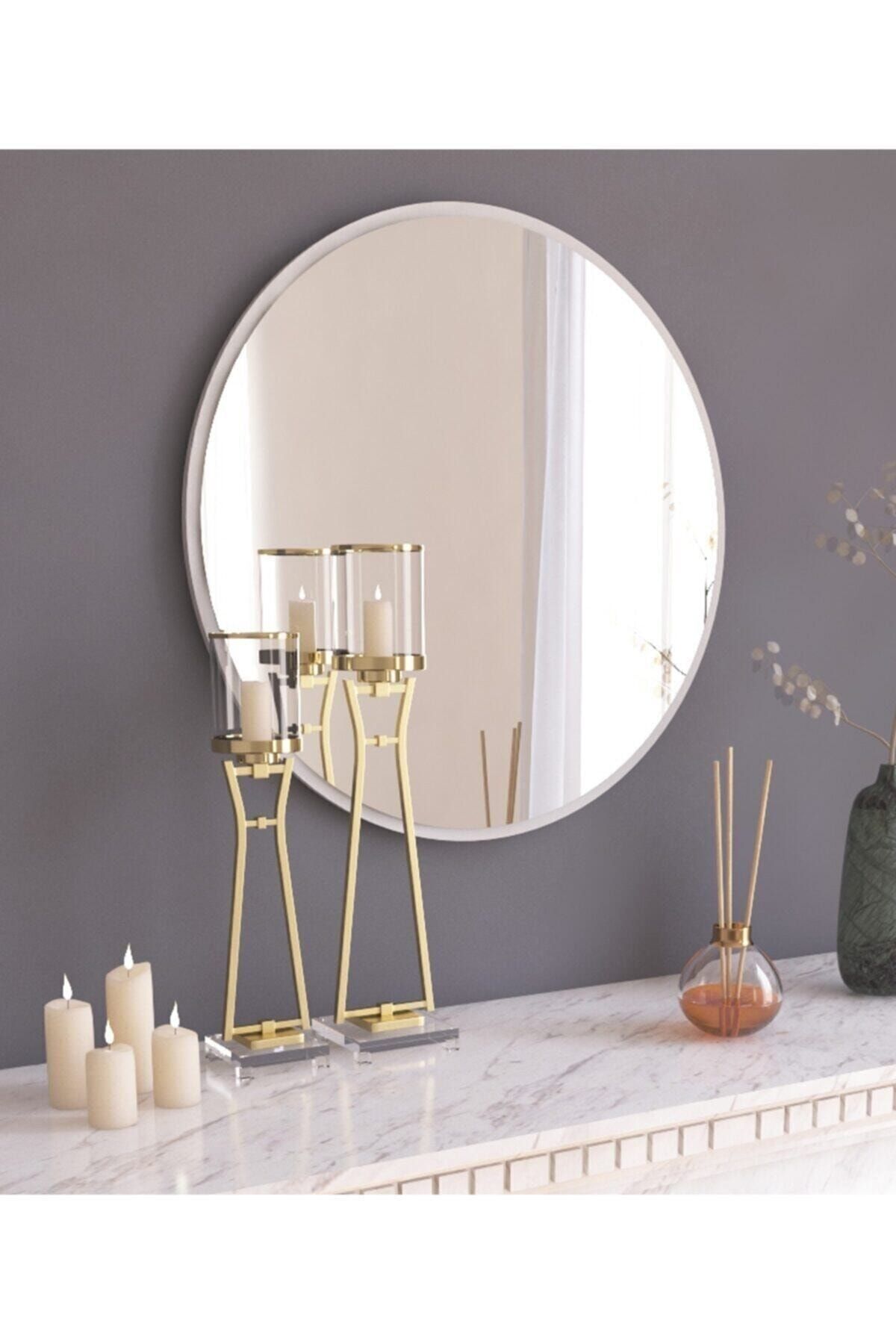 TARZDESİGN Tarz Design 45 Cm Beyaz Dekoratif Yuvarlak Antre Hol Koridor Salon Banyo Wc Ofis Aynası