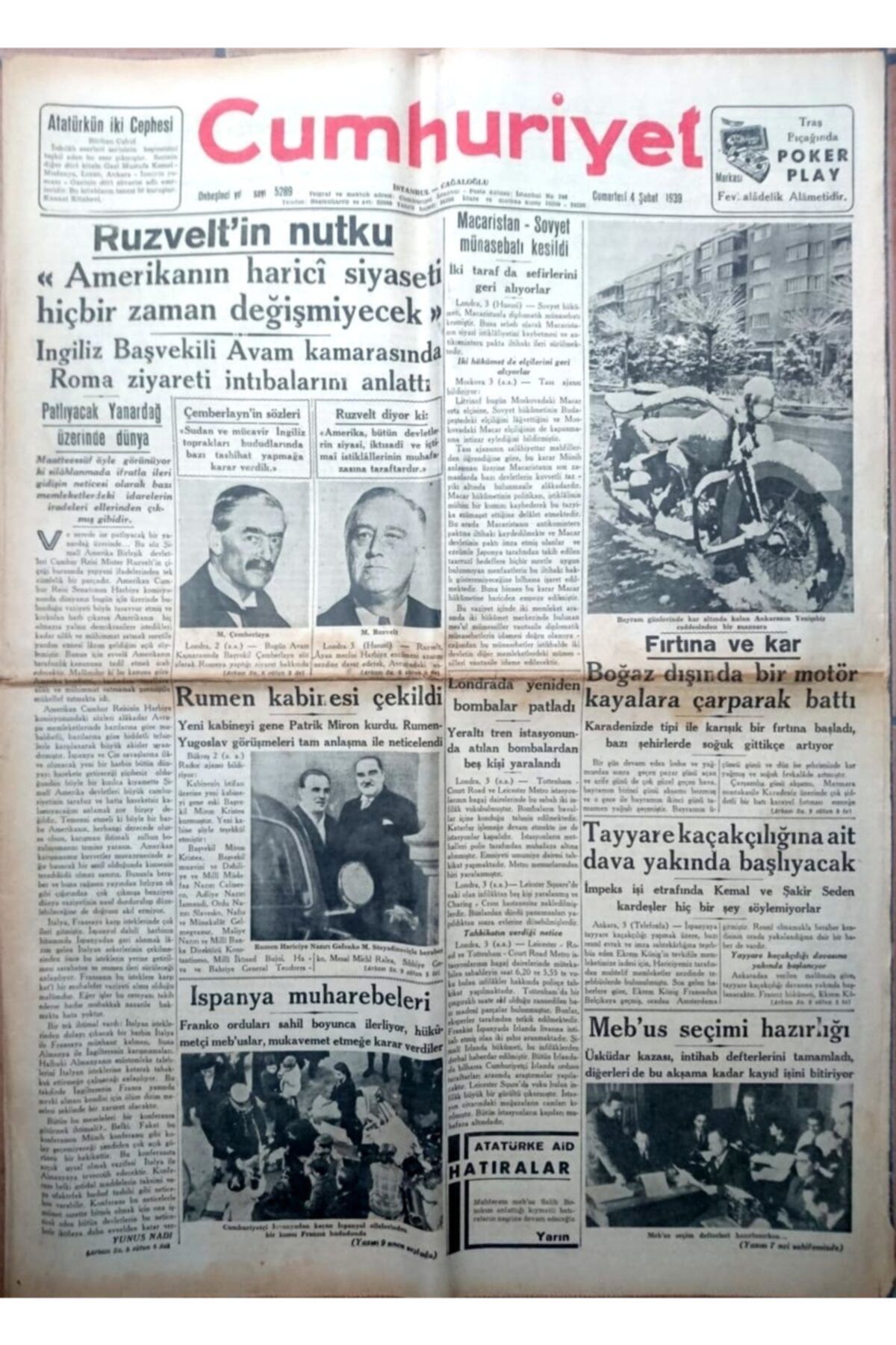 Cumhuriyet Günlük Gazete 04 Şubat 1939