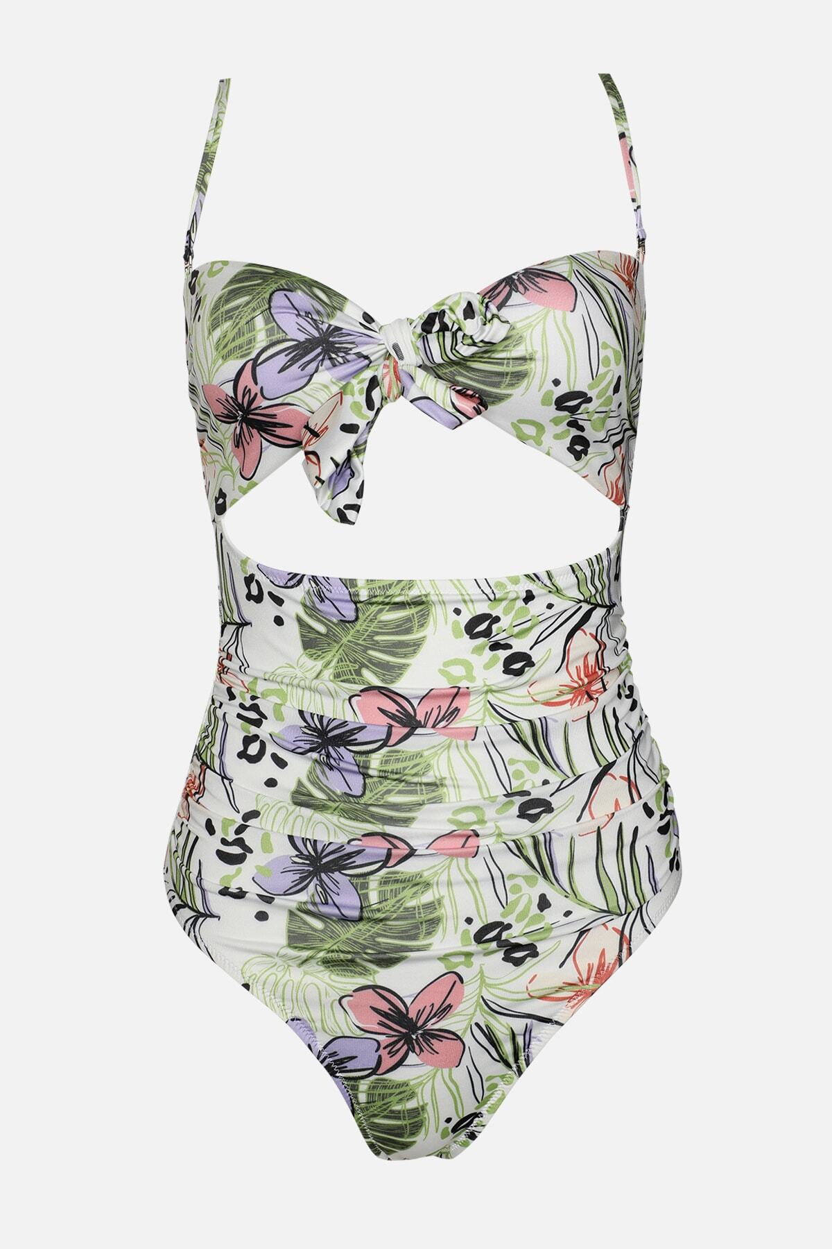 TRENDYOLMİLLA Çok Renkli Çiçek Desenli Cut Out Detaylı Mayo TBESS22MA0001