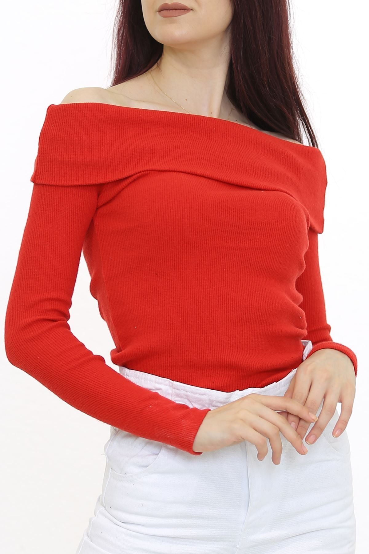 EnChic Moda Kadın Kırmızı Uzun Kol Degaje Yaka Body Kazak
