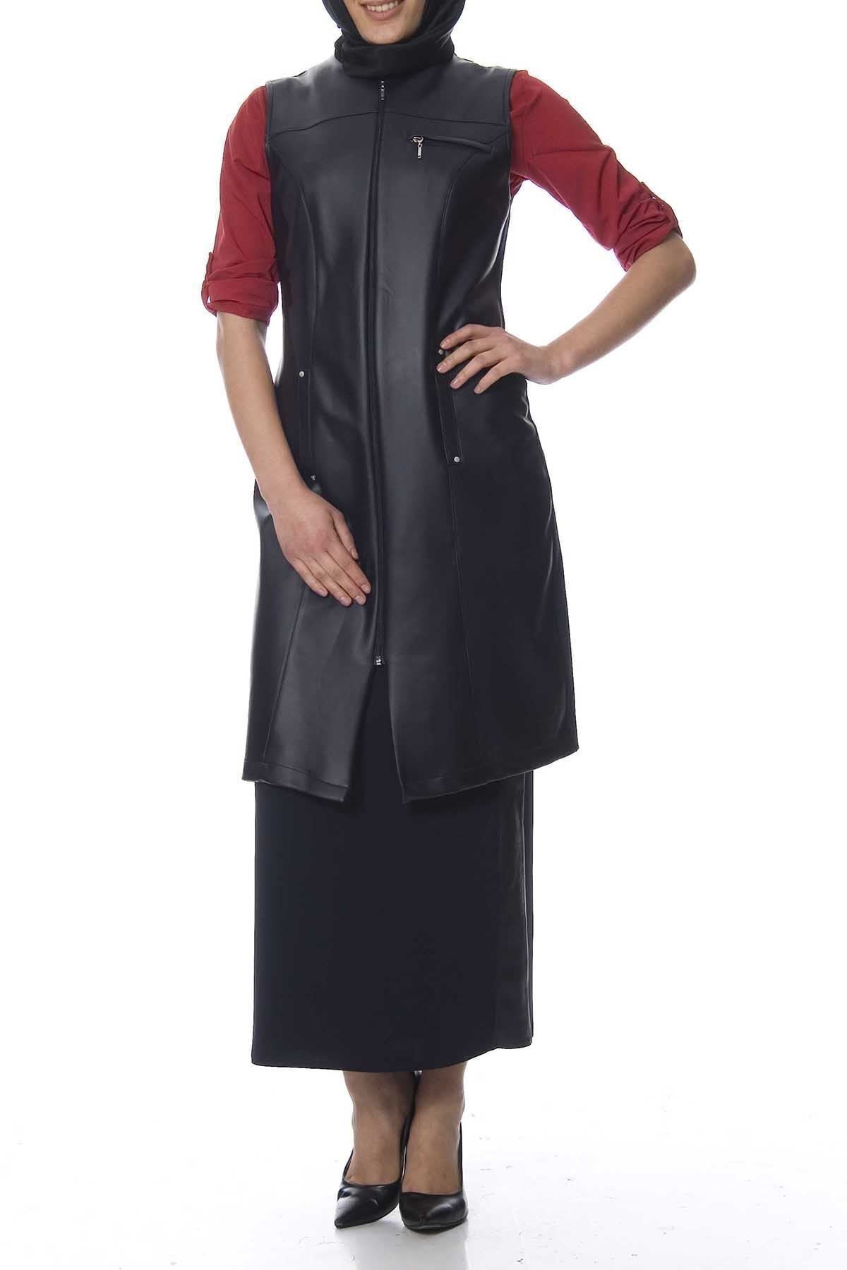 Moday Kadın Lacivert Deri Detaylı Yelek G10-103188 G10-103188