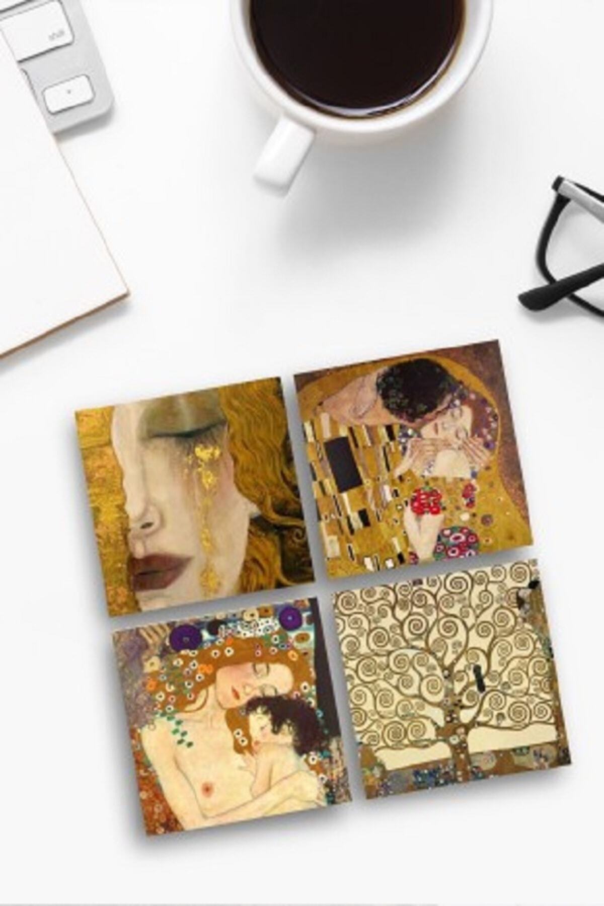 Pinecone Bardak Altlığı Doğal Taş Gustav Klimt Özel Baskı Stone Coasters - 4 lü Set(10 Cmx10 Cm)