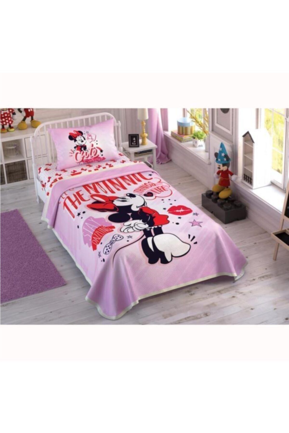 Taç Hilays Lisanslı Tek Kişilik Pike Takımı Minnie Mouse Pink Heart