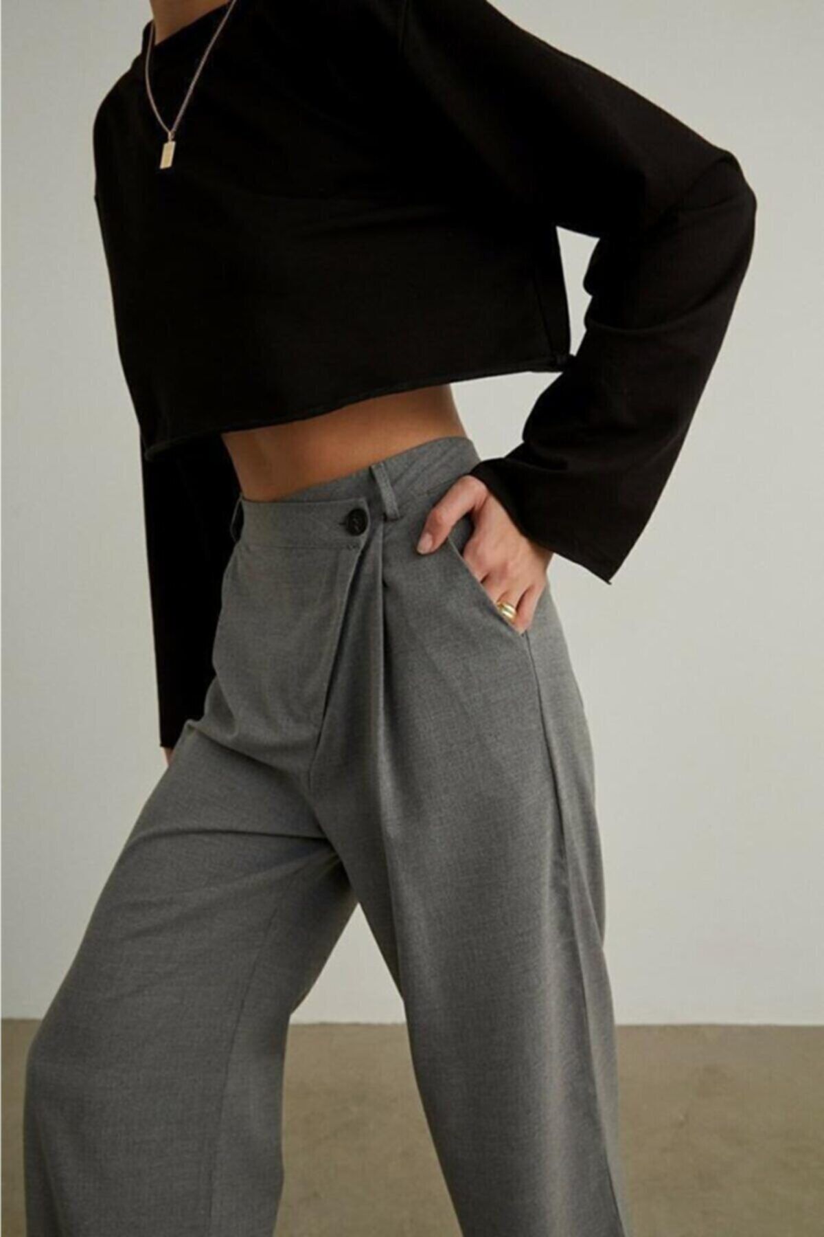 SedatModa Kadın Cross Palazzo Pantolon Antrasit