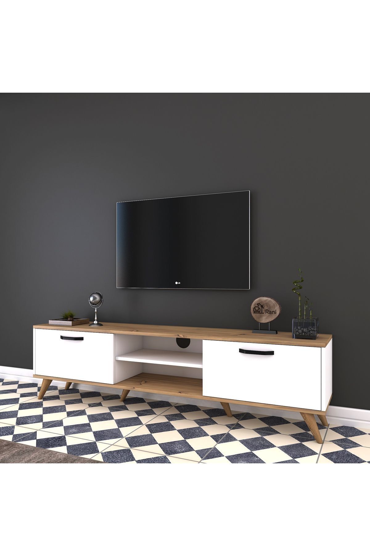 Rani Mobilya Rani A5 Duvar Tv Ünitesi Modern Ayaklı Tv Sehpası Keçe Ceviz - Beyaz