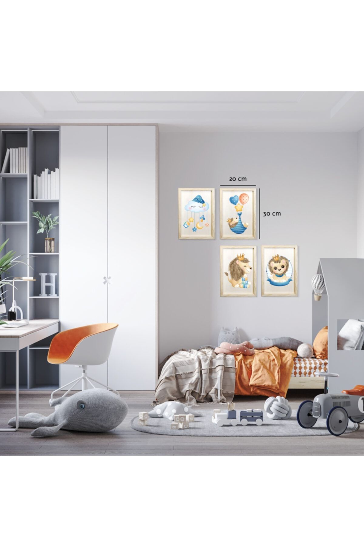 CUCU PUZZLE Bebek Çocuk Odası Duvar Tablosu, Doğal Ahşap Çerçeve Sevimli Aslanlar 20x30 Cm Lik 4 Lü Set