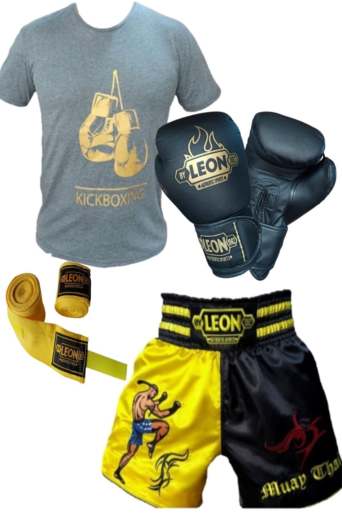 By Leon 1982 Kickboks,boks,thai Eldiveni Tişört,şort 3,5 Metre Bandaj Seti