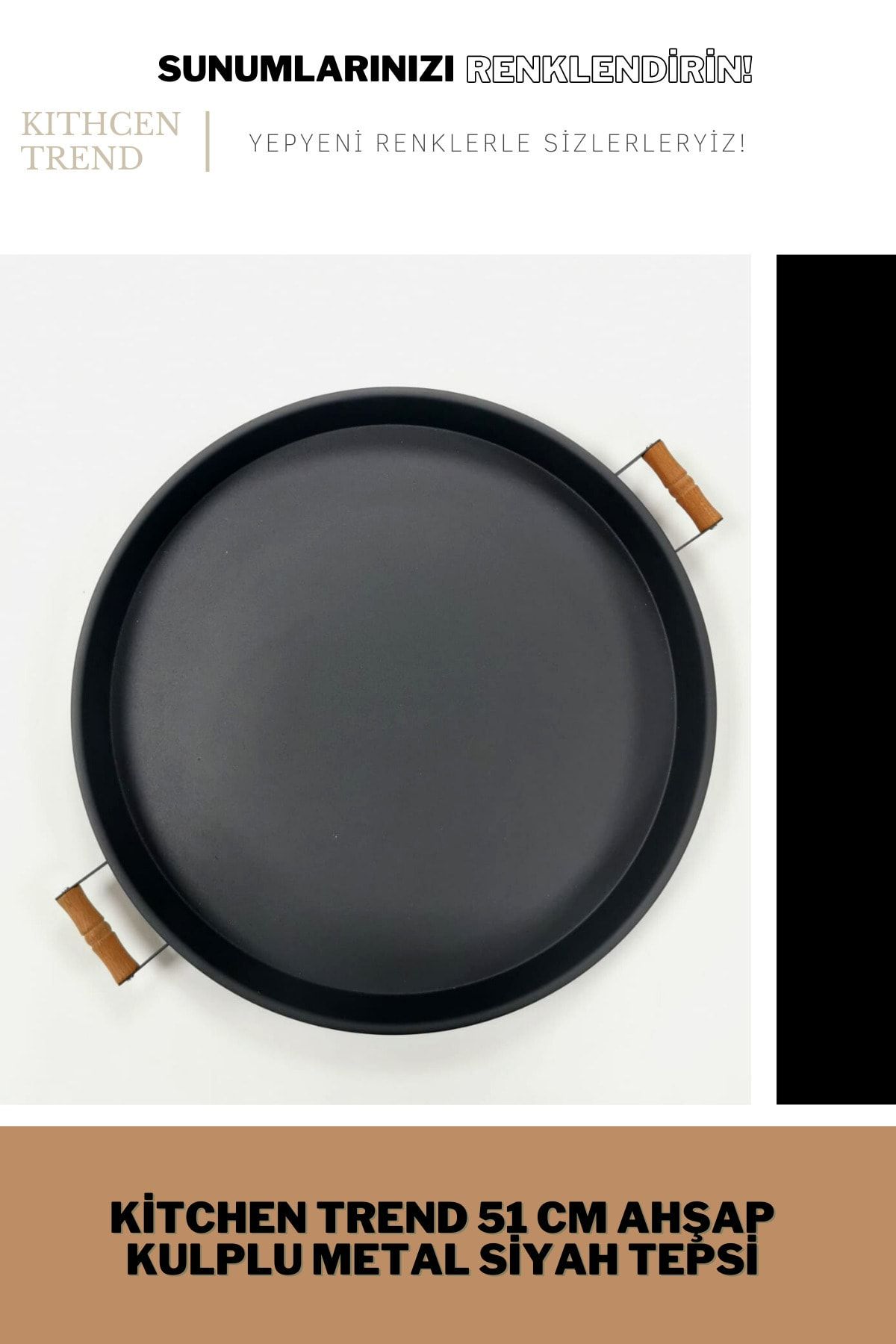 kitchen trend 51 Cm Ahşap Kulplu Metal Yuvarlak Siyah Tepsi Sunum Tepsi, Kahvaltı Tepsisi