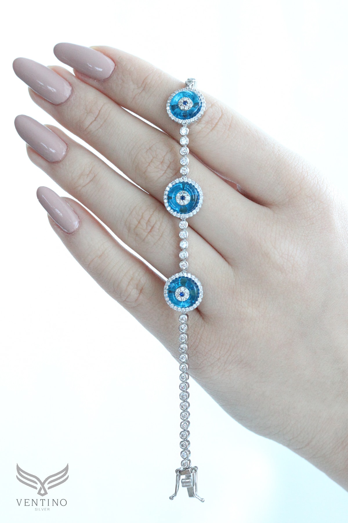 Ventino Silver Nazar Boncuklu Üç Taşlı Kadın Bileklik Vkb-6501