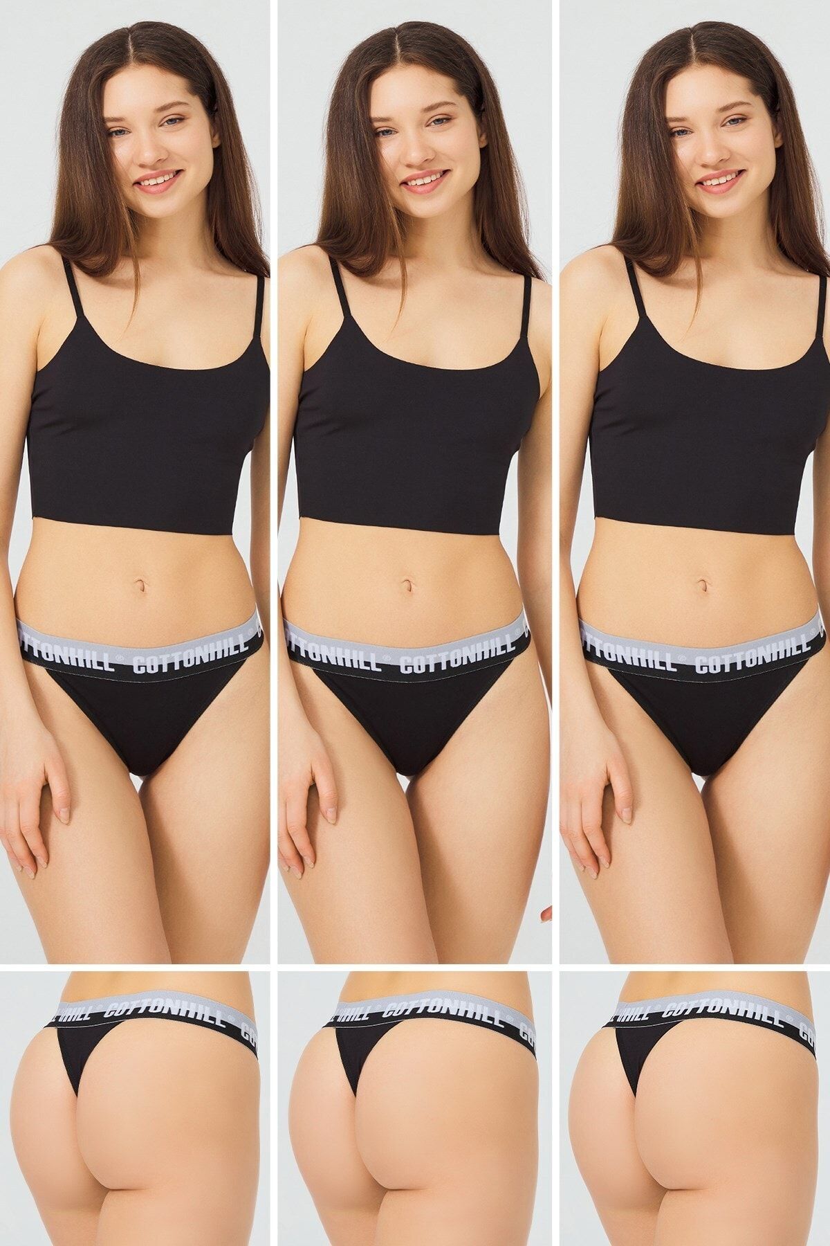 Cottonhill Siyah Basic Lastik Şeritli Pamuklu Tanga Külot 3'lü Paket