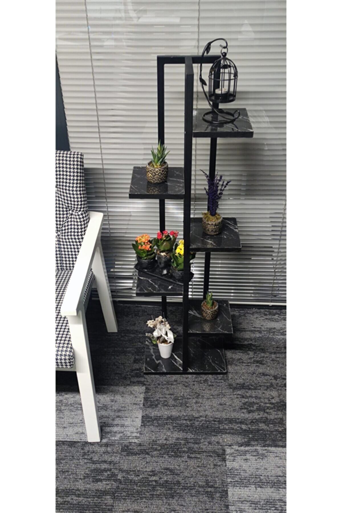Boss Group Çiçeklik 6 Bölmeli Raf Siyah Metal Çerçeveli Siyah Mermer