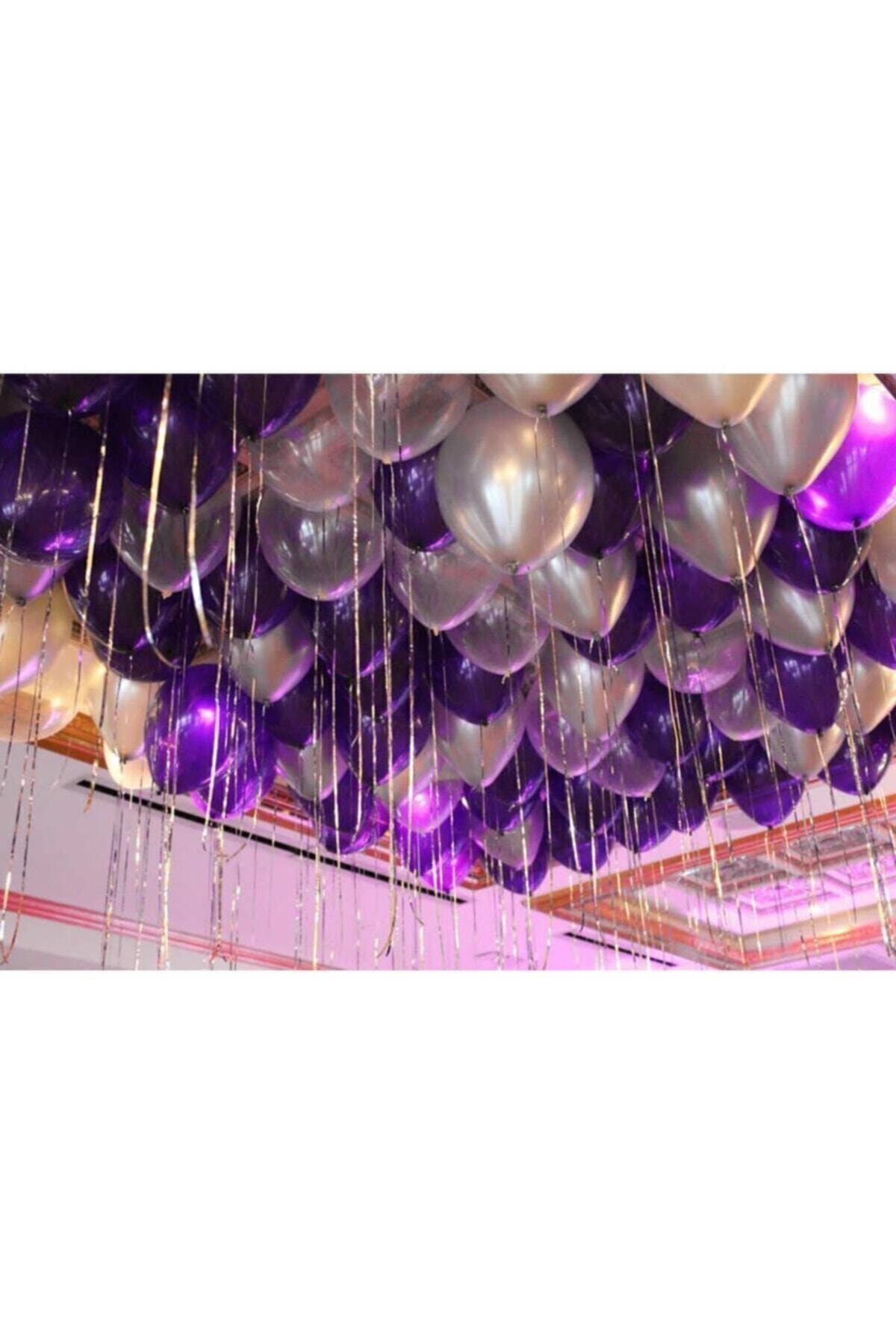 Dünya Magnet 50 Adet Metalik Balon (Mor - Gümüş Karışık) Uçan Balon