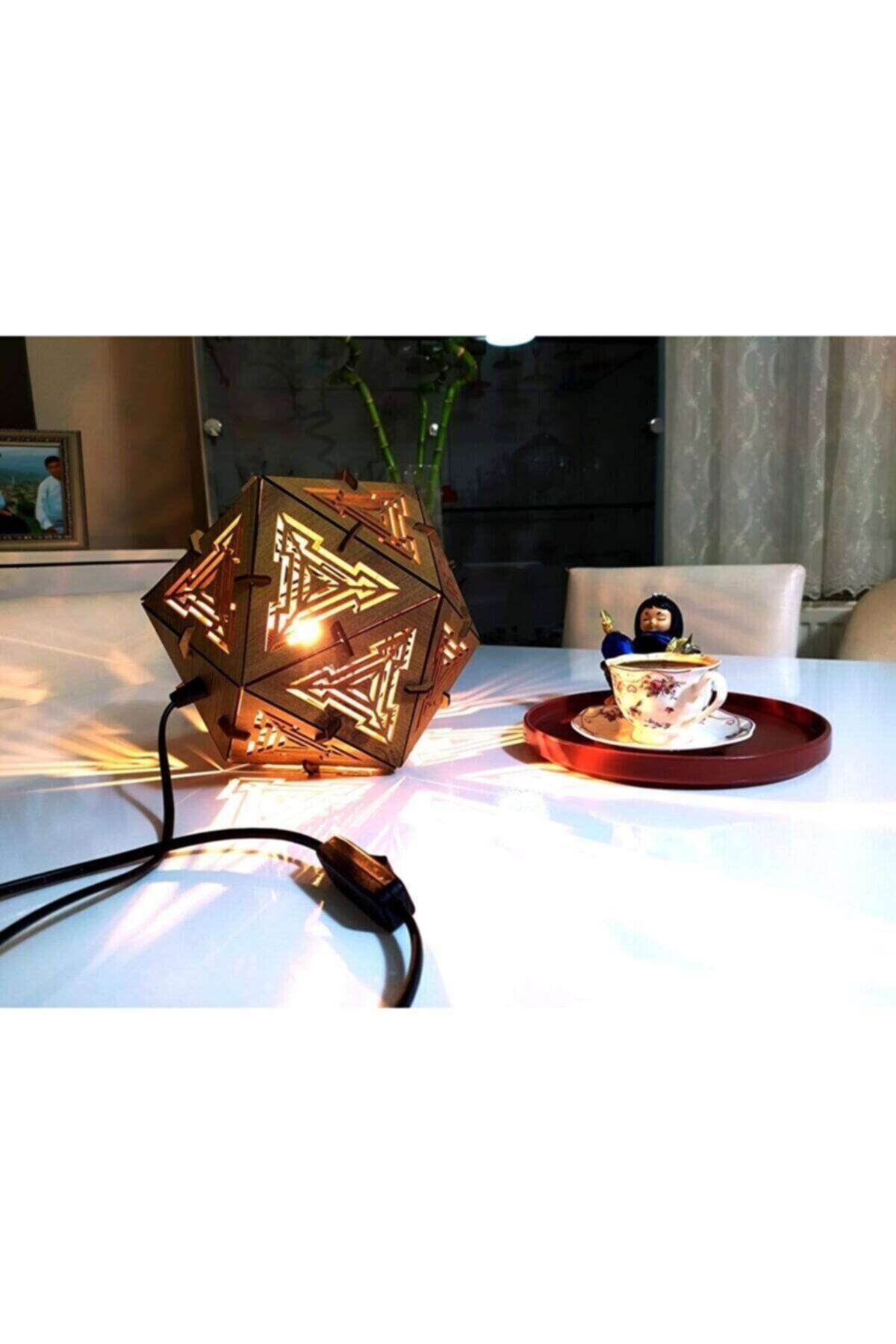 akıncı store Yatak Odası Dekor Ahşap Piramit Işlemeli Puzzle Dekoratif Gece Lambası