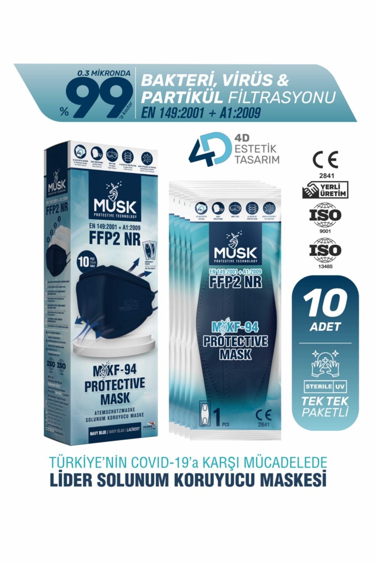 Musk KF94 Kore Tipi FFP2 Maske Lacivert Renk 10 Adet