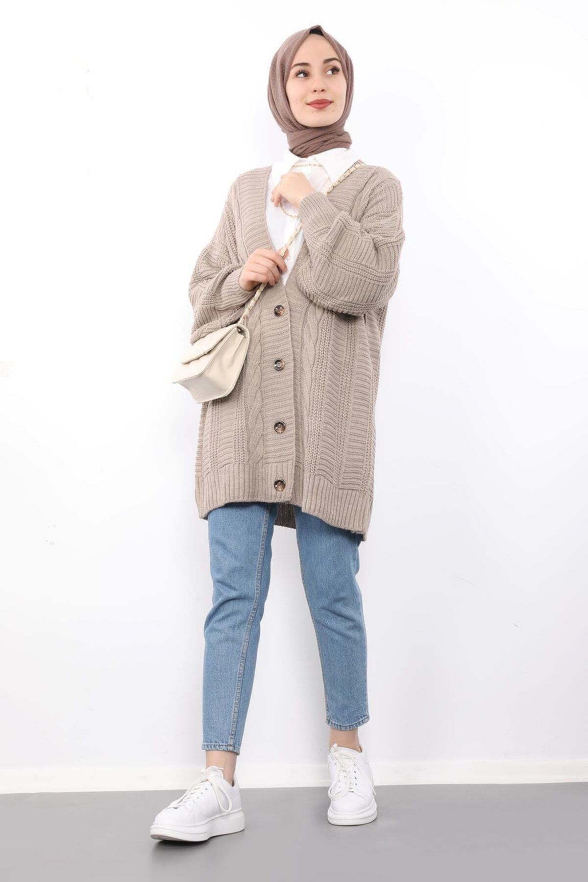 Giza Giyim Oversize Örme Hırka Vizon