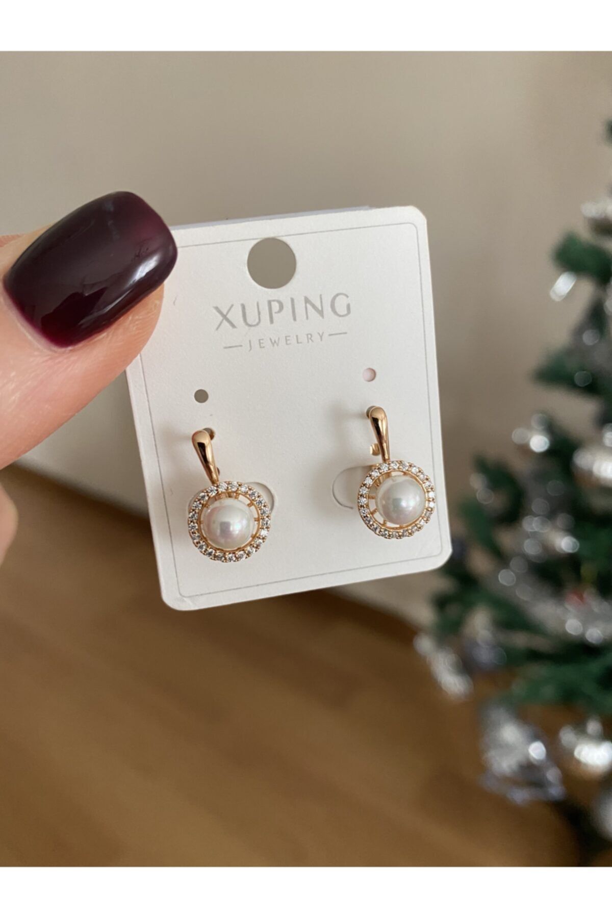 ACCESSORIES WORLD Çelik Zirkon Taşlı Inci Gold Küpe